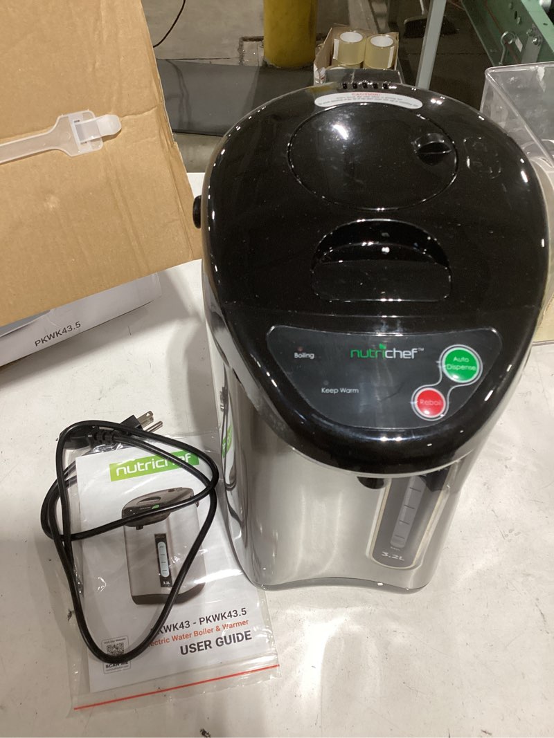 Condition photo showing As Is for nutrichef hot water urn pot 3.38 qt, insulated stainless steel hot water dispenser & boiler, auto & manual dispense, safety lock, electric kettle 3.4 quarts