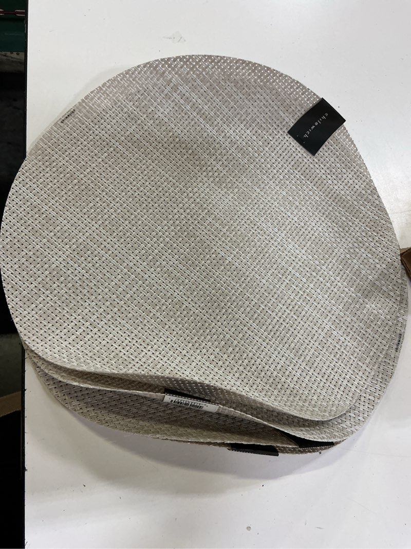Condition photo showing Good Condition for chilewich basketweave placemats, woven round placemats set of 4 | reusable, stain-resistant, indoor/outdoor tabletop protection, khaki, 15" khaki 15" round