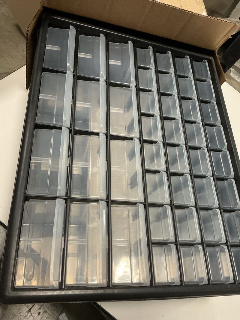 Condition photo showing Good Condition for akro-mils 44-drawer plastic drawer storage cabinet for garage organization, bead organizer, building bricks storage, teacher toolbox, makeup organizer, 20" w x 6" d x 16" h, 10144 black black 44 drawer 1 pack