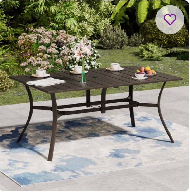 Outdoor Metal Steel Rectangle Patio Dining Table for 6 Person, Weather Resistant Patio Table with Adjustable Umbrella Hole, Dark Brown