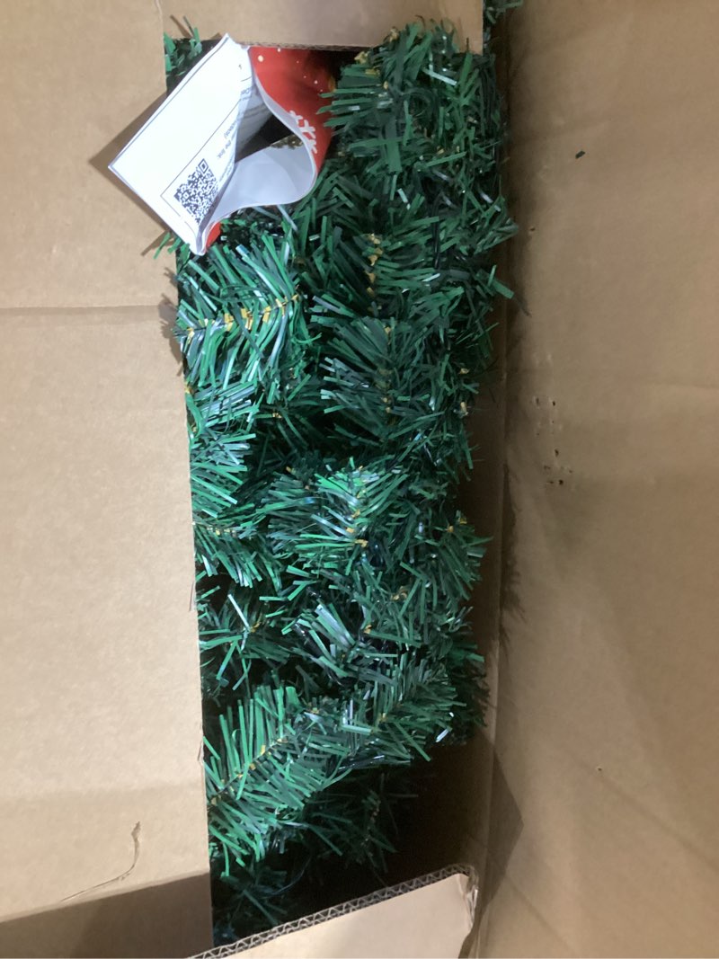 Condition photo showing As Is for VINGLI 48 Inch Pre-lit Artificial Christmas Wreath, Ourdoor Christmas Wreath Decorations with 150 LED Lights and 450 PVC Branch Tips for Garage, Xmas Door Wreath w/Bow, Pine Cones, Ornaments, Plug-in 48 Inch Red & Green