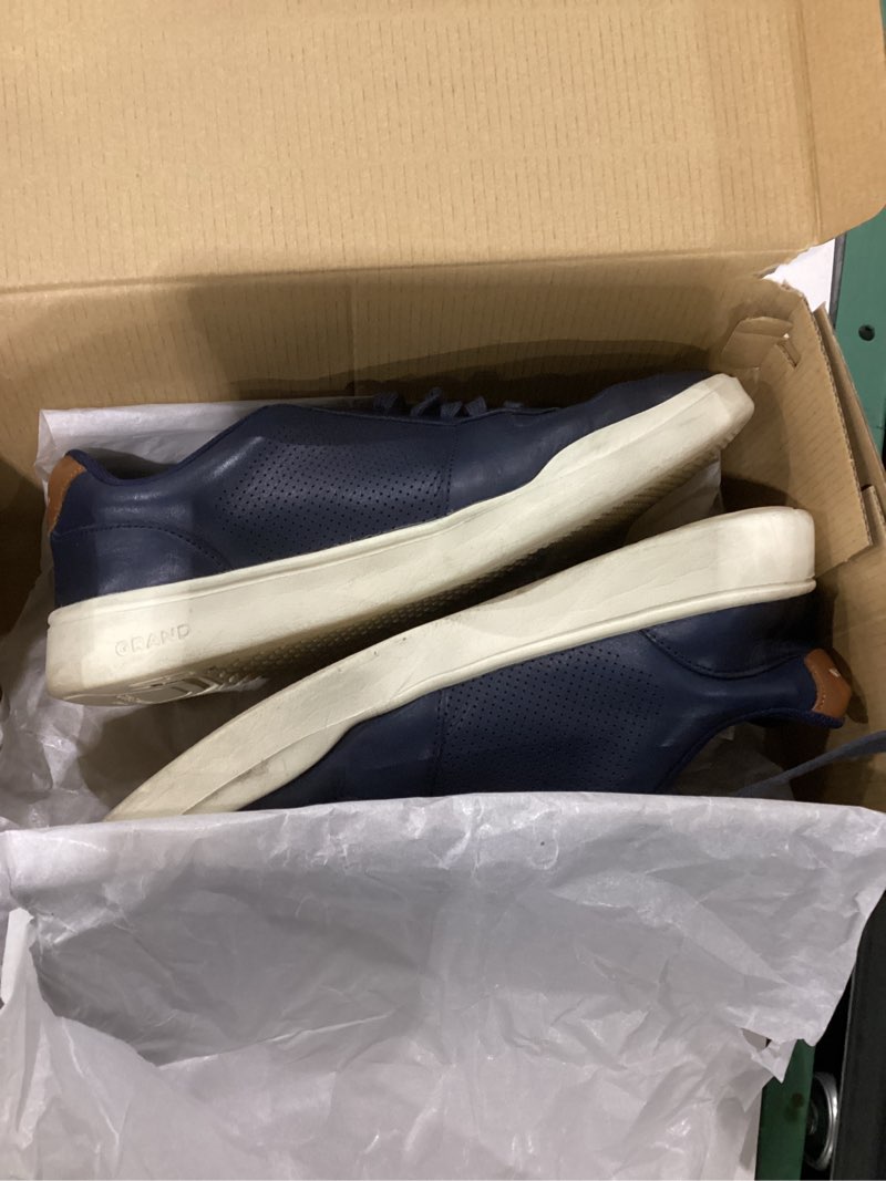 Condition photo showing As Is for Cole Haan Men's Grand Crosscourt Modern Perforated Sneakers 8.5 Wide Peacoat/British Tan