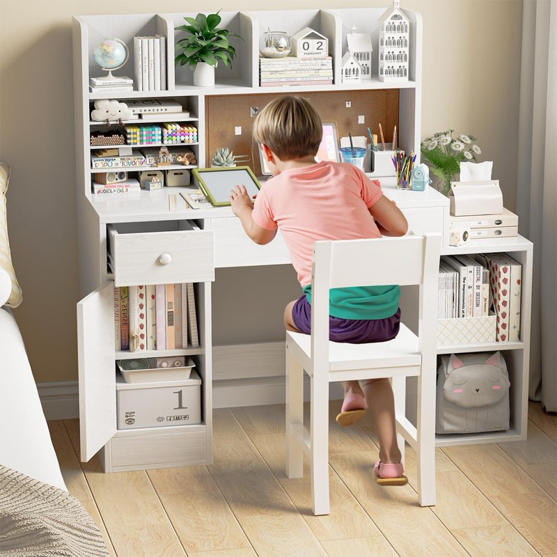 RUPOLX Wooden White Kids Study Desk and Chair Set, 4 Drawers and Storage Cabinets, Children Desk wit