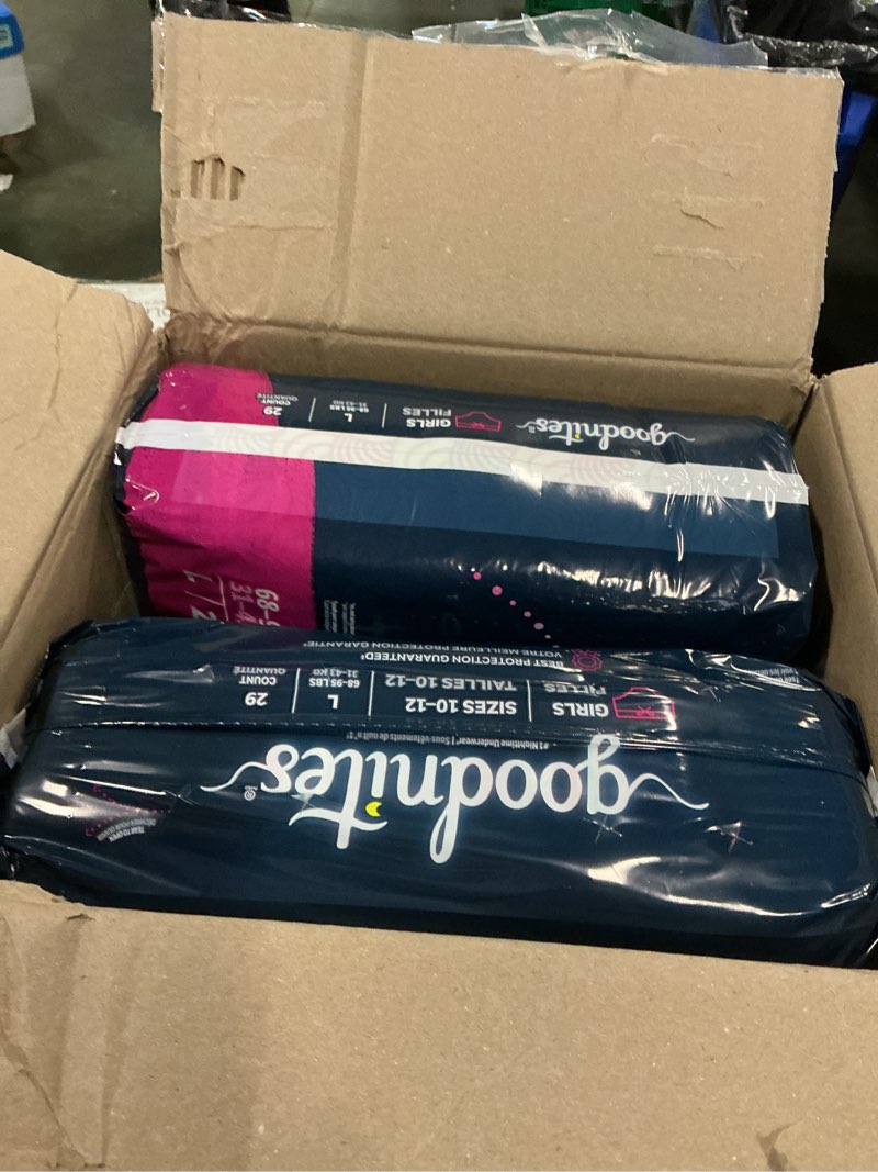 Condition photo showing New/Like New for Goodnites Girls' Nighttime Bedwetting Underwear, Size Large (68-95 lbs), 58 Ct (2 Packs of 29), Packaging May Vary Large 58