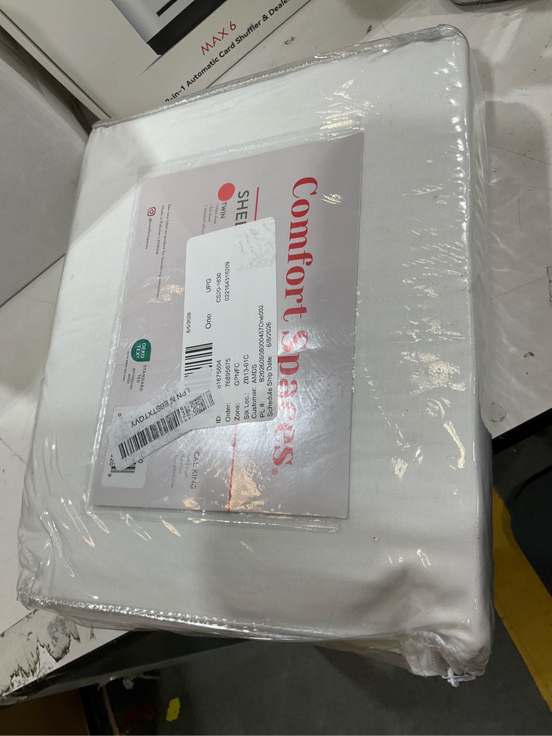 Condition photo showing New/Like New for comfort spaces 100% cotton sheet set breathable, lightweight, soft with 12" elastic pocket fits up to 14" mattress, all season cozy bedding, matching pillow case, twin white 3 piece white twin