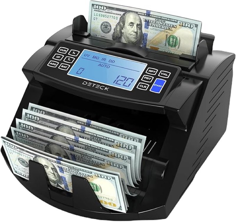 DETECK DT200 Money Counter Machine with Value Count - Large 4” LCD Display Cash Counter Machine, Add and Batch Modes, UV/MG/IR Counterfeit Detection Bill Counter, 1300 Bills/Min - Print Option