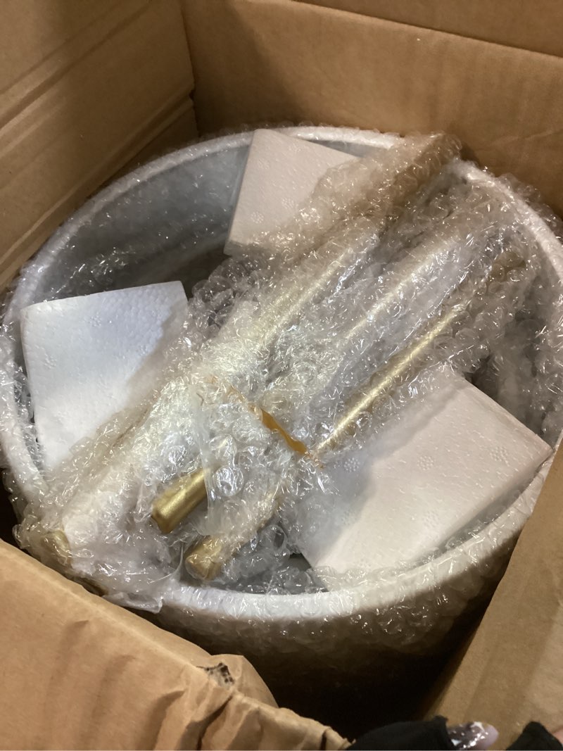 Condition photo showing Good Condition for arnis modern planter pots, set of 2 round large planters with stand, decorative floor planters, metal pots with drainage holes for living room, office, garden or balcony, 8.25 &10.5 inch, white & gold white 8.25 &10.5
