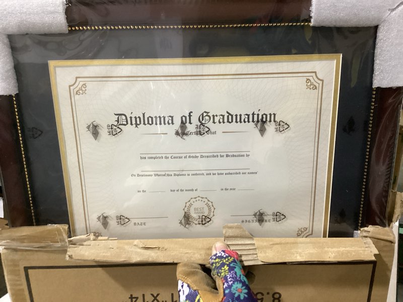 Condition photo showing As Is for GraduationMall 8.5x11 Diploma Frame with Black over Gold Mat or Display 11x14 Document without Mat, UV Protection Acrylic, Mahogany with Gold Beads Mahogany With Gold Beading 11x14 or 8.5x11 with Mat