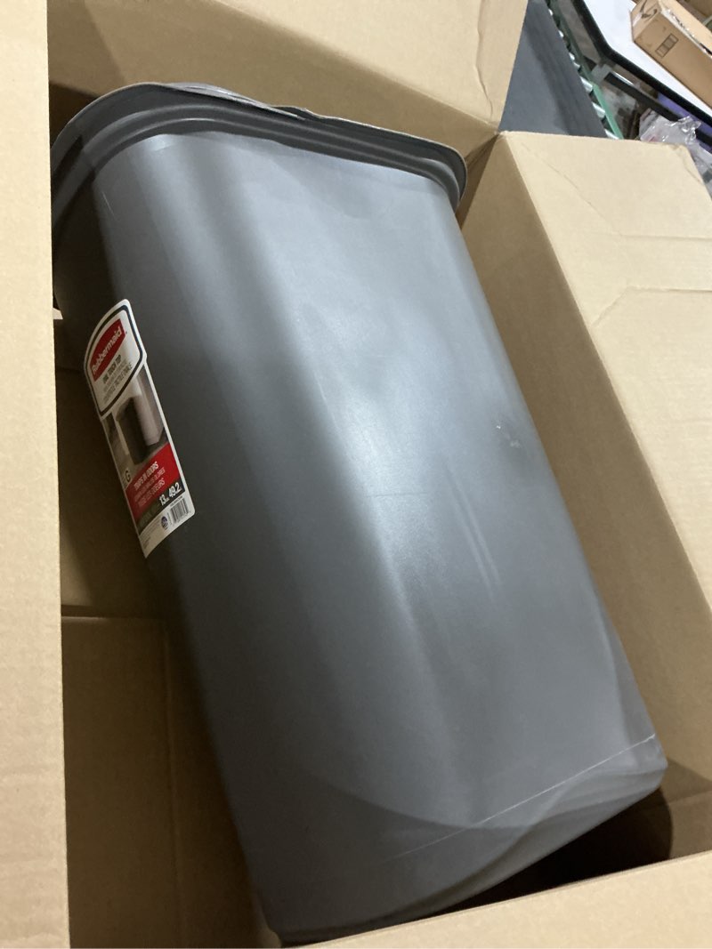 Condition photo showing As Is for Rubbermaid Spring Top Trash Can with Lid 13 Gallon Gray Plastic Garbage Bin for Home/Kitchen/Office/Garage Spring Top Gray