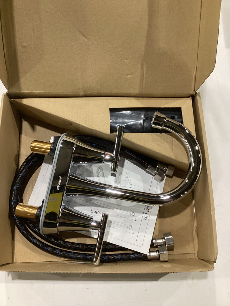 Condition photo showing New/Like New for bathroom faucets for sink 3 hole, hurran 4 inch chrome bathroom sink faucet with pop-up drain and supply hoses, stainless steel lead-free 2-handle centerset utility faucet for sink vanity rv