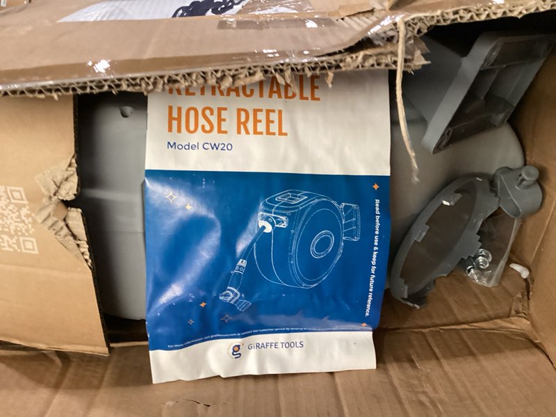 Condition photo showing As Is for giraffe tools cw20 retractable garden hose reel 5/8" x 60 ft heavy duty water hose reel, swivel bracket, any length lock, light grey 5/8" 60 ft