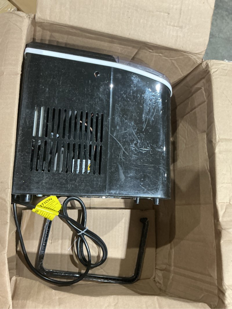 Condition photo showing As Is for newbulig ice makers countertop with handle, portable ice machine, 9 bullet cubes in 6 mins, 26lbs in 24hrs, auto-cleaning, with basket and scoop, for home, kitchen, rv, camping, black black handle 12.5"*11.6"*8.8"