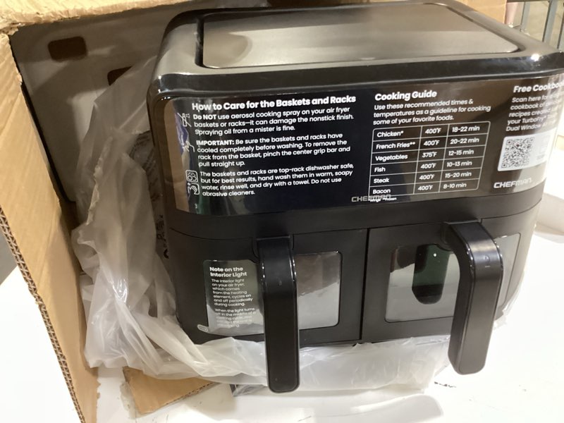 Condition photo showing Good Condition for similar to chefman 6 quart dual basket air fryer oven with easy view windows, sync finish, hi-fry, auto shutoff, 2 independent 3qt nonstick dishwasher safe frying baskets, digital double air fryer - black 6 quart - window