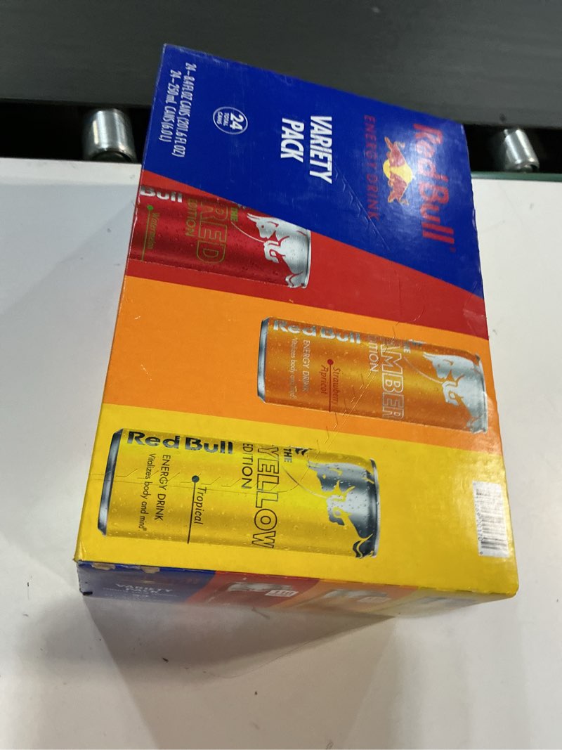 Condition photo showing New/Like New for (Unknown expiration). Red Bull Energy Drink Variety Pack, Red Bull Red, Yellow, and Amber Edition and Energy Drinks, 8.4 Fl Oz, 24 pack Cans Variety 8.4 oz., 24pk, (1x24)