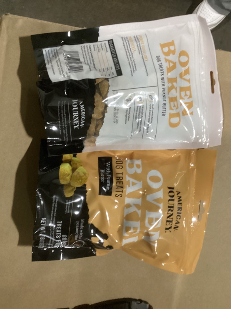 Condition photo showing New/Like New for (Bidding on 2 packages) American Journey Peanut Butter Recipe Grain-Free Oven Baked Crunchy Biscuit Dog Treats