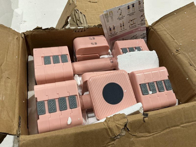 Condition photo showing As Is for hezeyferg adjustable dumbbells set for women/men home gym | 18lbs 22lbs adjustable weight dumbbells, hand weights sets with mutilple levels, full body workout pink 11lb each?22lb pair)
