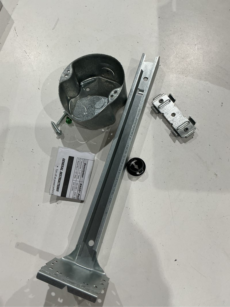 Condition photo showing As Is for hubbell raco galvanized steel new work ceiling fan electrical box