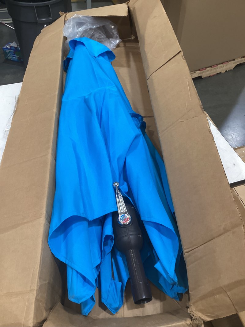 Condition photo showing Good Condition for blissun rectangular patio umbrella, table market umbrella with tilt and crank, outdoor umbrella for garden, deck, backyard, pool and beach light blue 6.5 x 10 ft