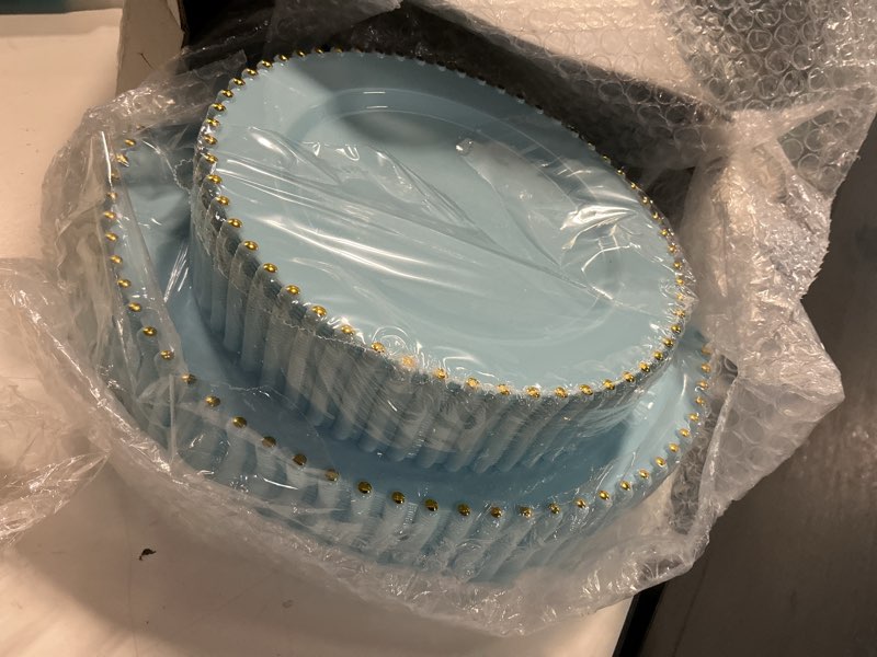 Condition photo showing New/Like New for ejonirinjonir ei 60pcs blue plastic plates,dispoable heavy duty plastic plates with gold rim,baby blue 10" dinner & 7" dessert plate,fancy elegant plate for party,birthday,afternoon tea blue and gold plastic plates