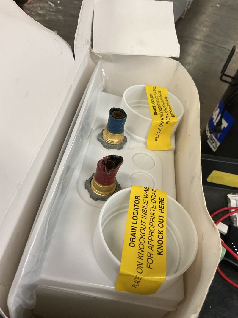 Condition photo showing As Is for SharkBite 1/2 Inch x 3/4 Inch MHT Washing Machine Outlet Box, Push to Connect Brass Plumbing Fittings, PEX Pipe, Copper, CPVC, 25739