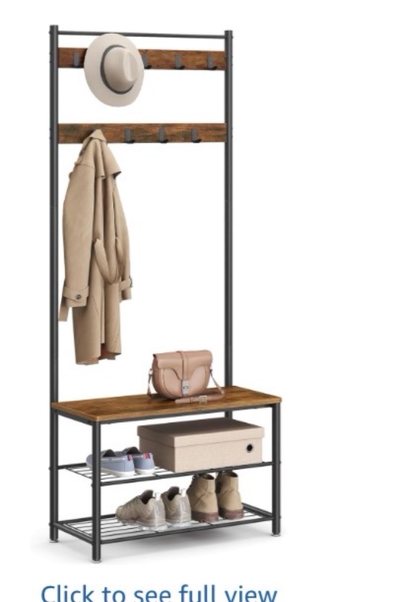 VASAGLE Coat Rack, Hall Tree with Shoe Storage Bench, Entryway Bench with Shoe Storage, 3-in-1, Steel Frame, for Entryway, 12.6 x 27.6 x 68.9 Inches, Industrial, Rustic Brown and Black UHSR41BX
