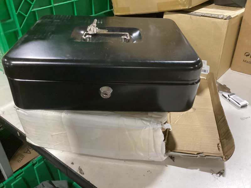 Condition photo showing New/Like New for jssmst cash box with key lock - 0.7mm solid steel, auto-pop spill-proof foam coin tray, 4 finger-safe no-pinch bill clips, portable cash drawer for small business & yard sales, 11.8x9.5x3.54 in, black