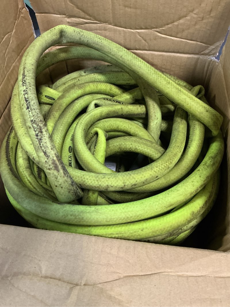 Condition photo showing As Is for flexzilla garden hose 5/8 in. x 75 ft., lightweight all-weather water hose, durable and flexible, leak-free connections standard grip 75ft chartreuse