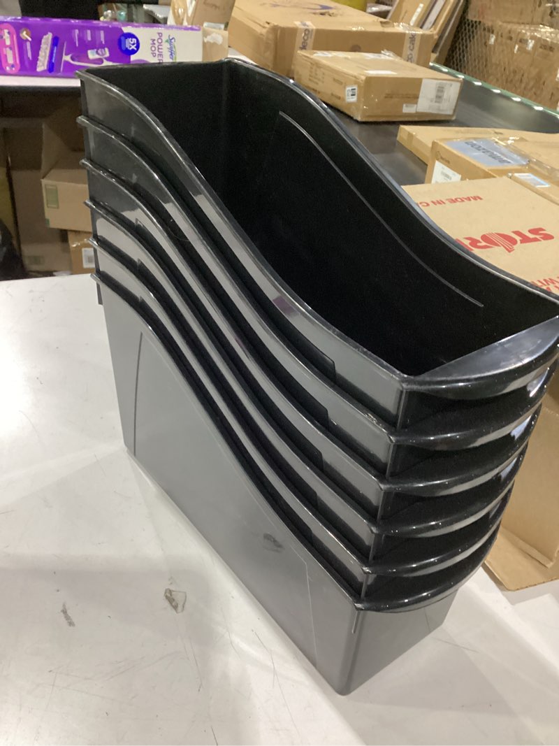 Condition photo showing Good Condition for storex industries 14.3\" x 5.3\" x 7\" storex large book bin with front pocket, black 7\" x 5.3\" x 14.3\" 6 ct