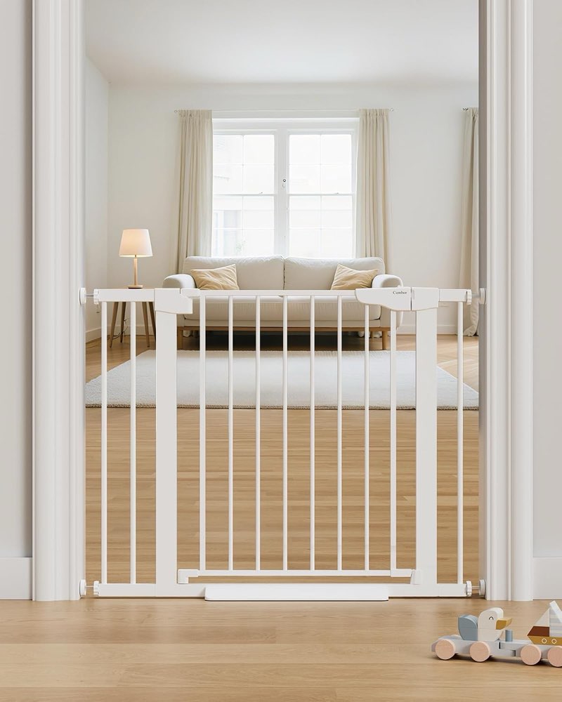 cumbor 30-40.6 in baby gate for stairs and doorways, dog gate indoor white | mom's choice awards winner, auto close, double lock, safety child gate for toddlers & pets, pressure or hardware
