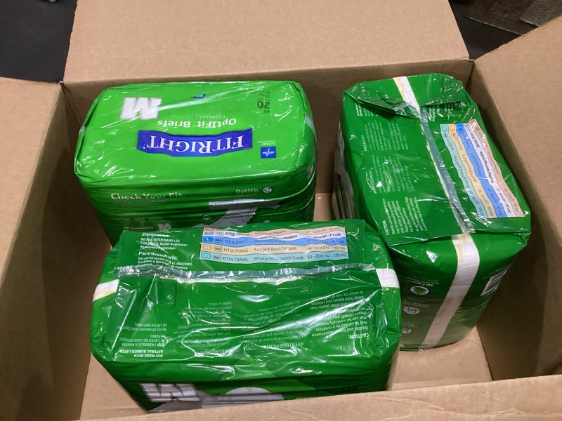Condition photo showing As Is for fitright adult diapers, ultra heavy absorbency, m (waist size 32in-44in), 60  count, optifit incontinence briefs for men and women, disposable, moisture-wicking, leak protection,