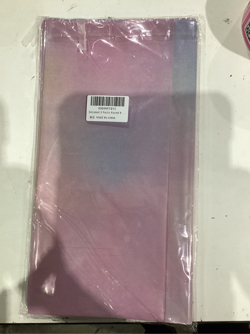 Condition photo showing New/Like New for 3 Pack Pastel Rainbow Plastic Tablecloth Party Decorations Birthday Party Supply Disposable Rectangle Pastel Table Cover for Baby Shower, Wedding, Bridal, Girl, Princess Party Supplies, 54x108Inch