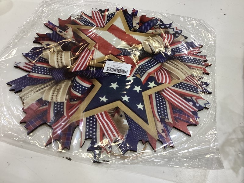Condition photo showing Good Condition for 250th anniversary patriotic star wreath, 15.7'' red white and blue wreath all-weather farmhouse outdoor holiday decoration, memorial wreath for front door, 4th of july garland for home wall porch
