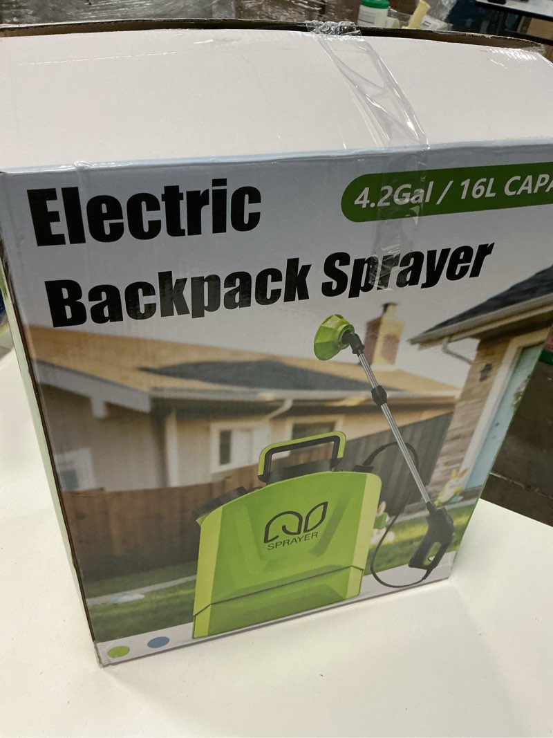 Condition photo showing As Is for battery powered backpack sprayer 4 gallon, adjustable pressure garden sprayer with digital display & padded straps, electric pump sprayer in lawn with 2.2ah battery, 5 nozzles, telescopic wand