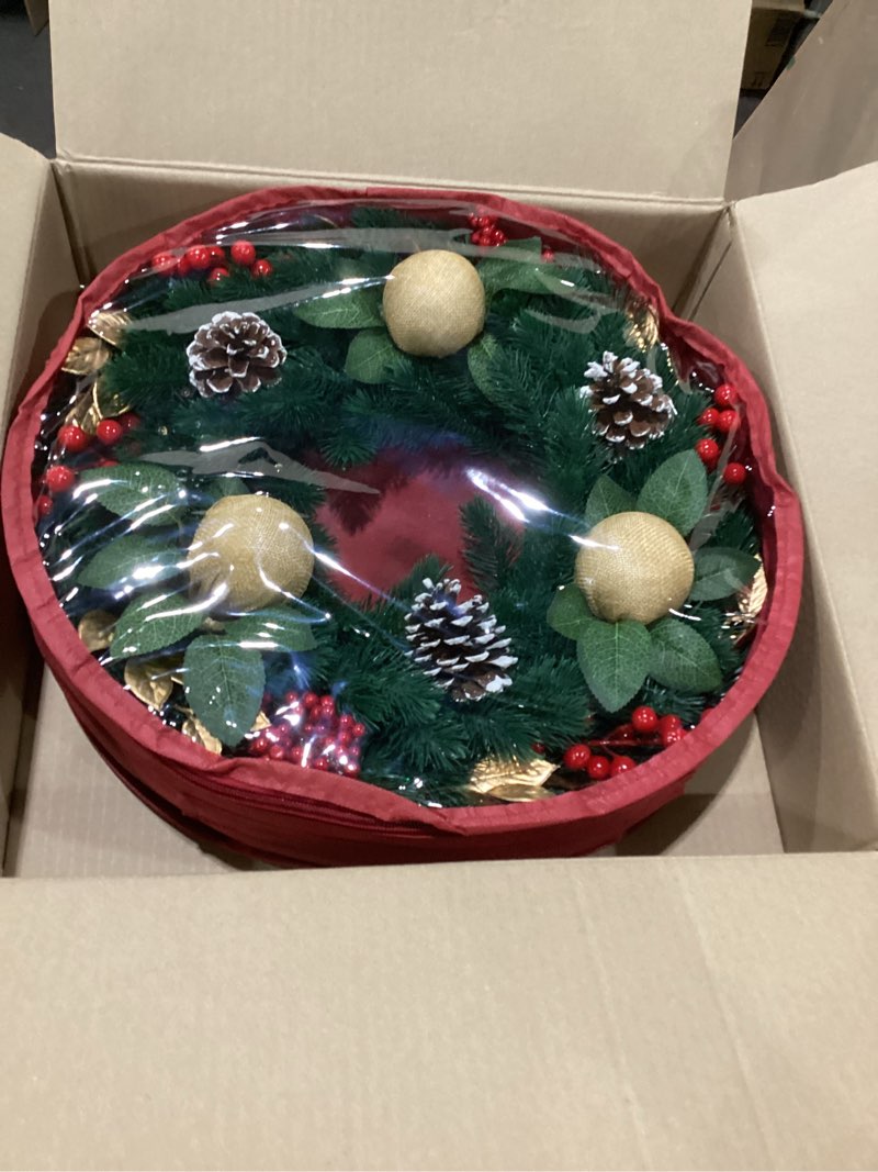 Condition photo showing New/Like New for christmas wreath with 40 led lights,18 inch pre-lit artificial christmas wreaths for front door with pinecones red berries ball ornaments, christmas decorations for indoor & outdoor use