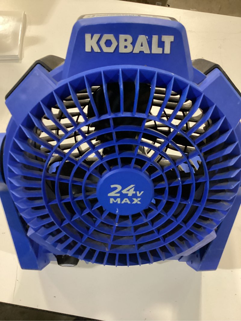 Condition photo showing As Is for kobalt 7-in high velocity indoor/outdoor personal fan, battery powered, in blue