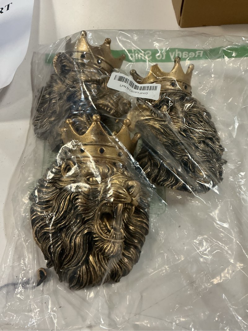 Condition photo showing Good Condition for crowned animal wall decor set - 3d lion, wolf & eagle sculptures in resin antique gold animal royalty wall decorations for living room, office - 5-7.5 inches each