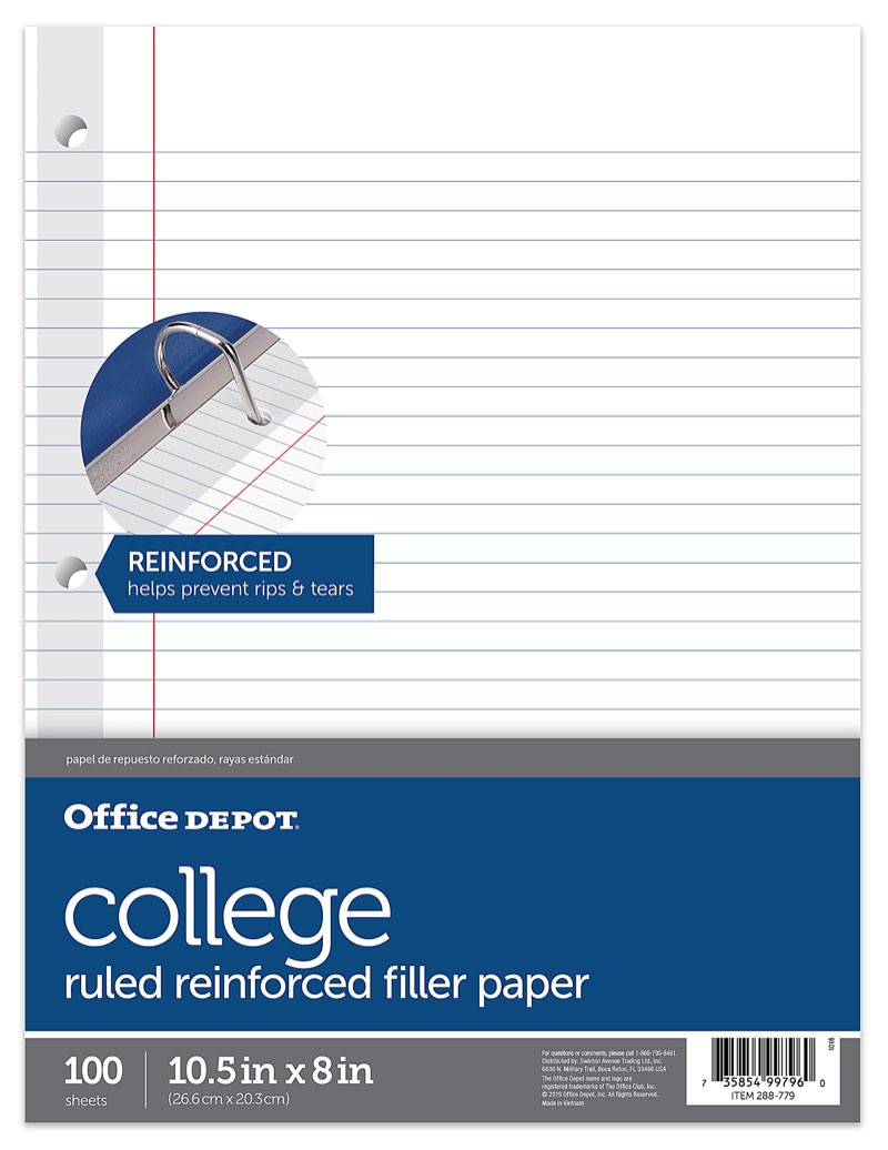 Office Depot® Brand Reinforced Filler Paper, 8" x 10-1/2", College Ruled, White, Pack Of 100 Sheets