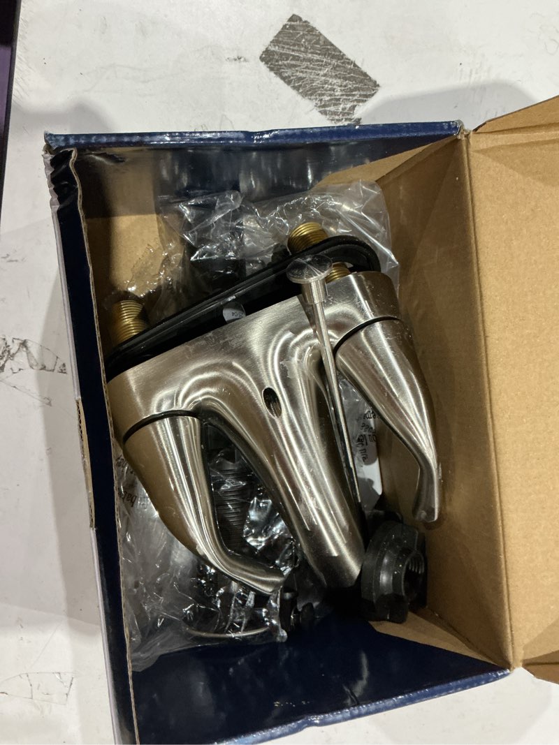 Condition photo showing As Is for project source dover chrome 4-in centerset 2-handle watersense bathroom sink faucet with drain and deck plate