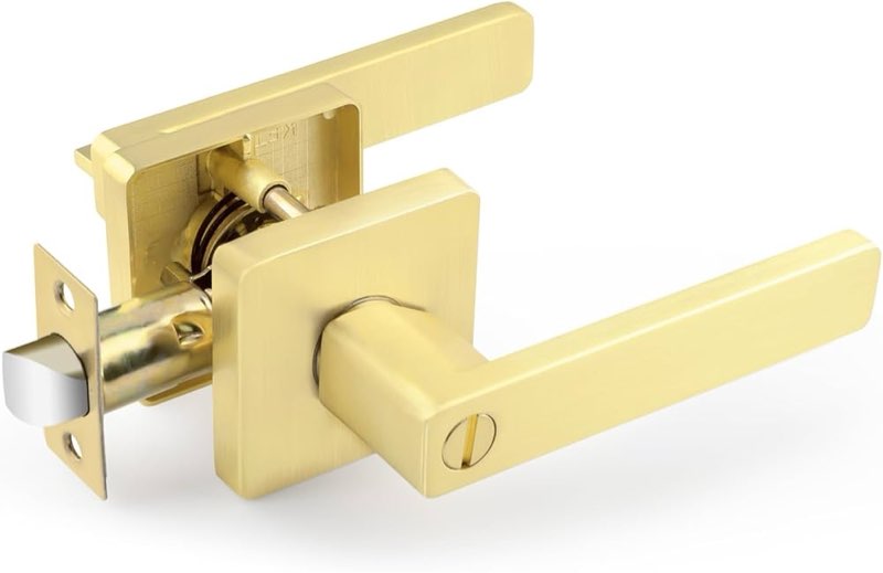 1 Pack Gold Door Handles, Privacy Door Knobs Interior, Keyless Door Locks for Bedroom, Satin Brass Bathroom Door Handle, Reversible Door Lever for Left/Right Hand Doors