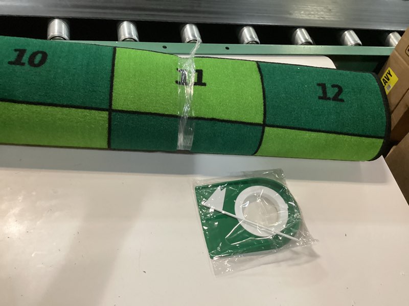Condition photo showing New/Like New for golf putting mat: indoor putting green with 4 cups and target zones - portable golf training aid and capture the cup putting game 9ft x 2.5ft green & black