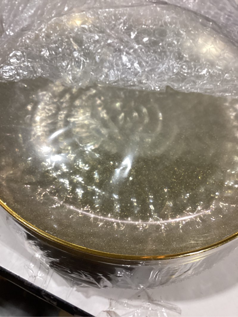 Condition photo showing New/Like New for 50pack Hammered Plastic Plates with Gold Rim - Round Gold Glitter Disposable Plates, Elegant Party Heavy Duty Plates Dishes for Wedding, Bridal Shower, Birthday