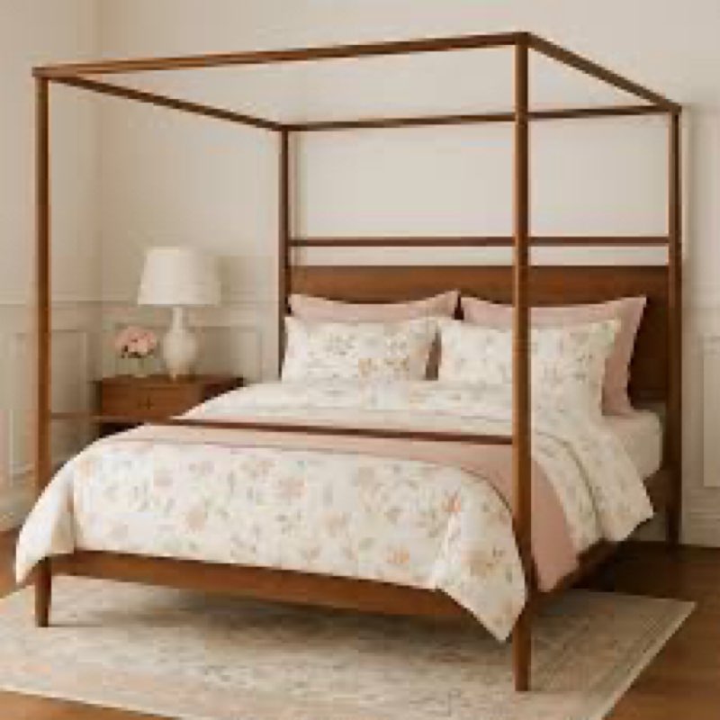 emiyah solid wood canopy bed frame four poster bed, no springs required, walnut color