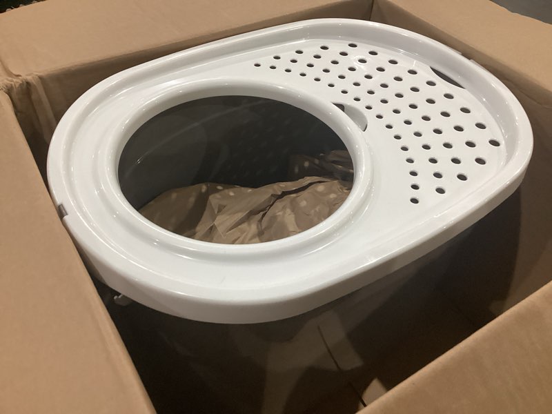 Condition photo showing New/Like New for iris usa cat litter box large top entry with lid enclosed covered hooded design litter catching scatter shield pan dog proof pet proof scoop included odor control for indoor cats kittens gray/white oval gray w/ scoop