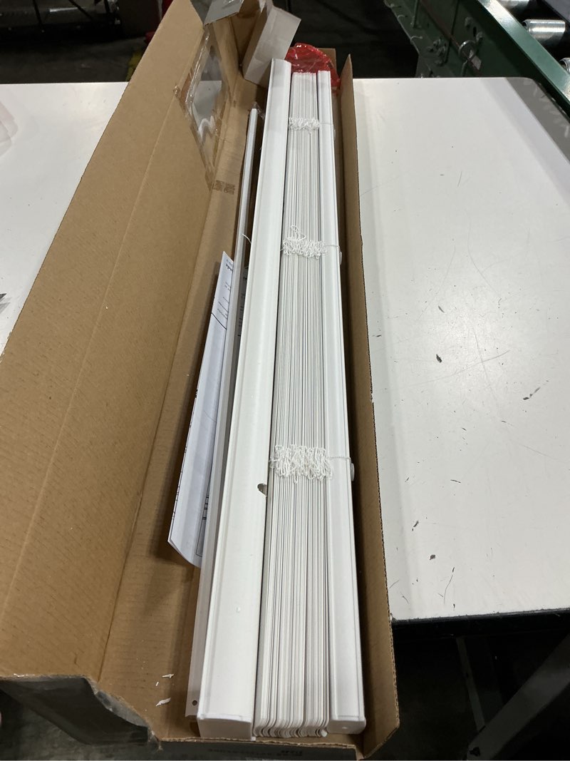 Condition photo showing As Is for mainstays 1" cordless vinyl room darkening horizontal mini blinds, white, 31"w x 48"l