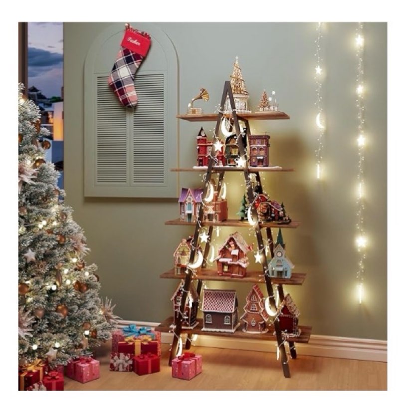 YOUDENOVA 5-Tier Ladder Bookshelf, Industrial A-Shaped Bookcase, Christmas Village Display Stand, 