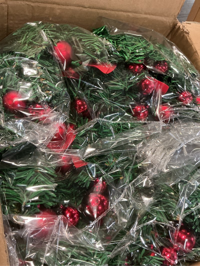 Condition photo showing Good Condition for Hotop 4 Pack 9ft Prelit Outdoor Christmas Garland with Lights Bulk, 100 LED Battery Operated Artificial Garland with Vines Poinsettia Pinecones Christmas Balls for Stairs Porch Front Door(Green)