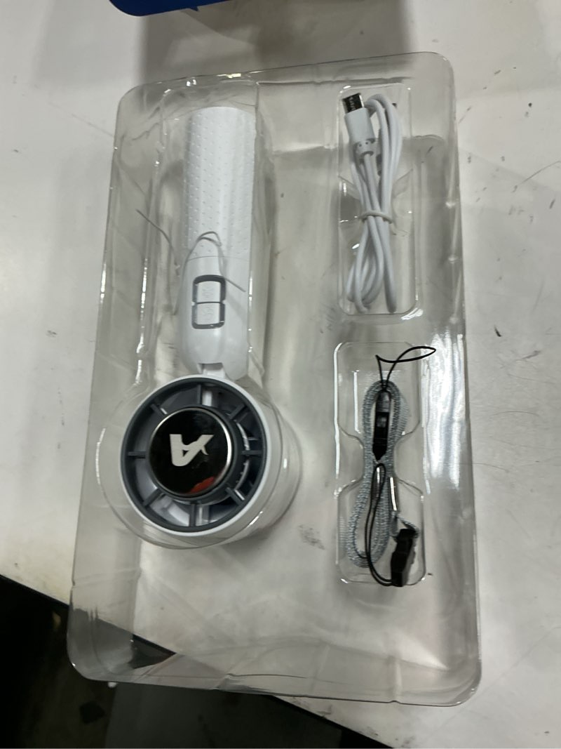 Condition photo showing As Is for arctic air cool touch - portable handheld fan, mini usb rechargeable, compact & lightweight, 4-speed adjustable, battery-powered, quiet & perfect for travel & outdoor, white color, aactfw-mc12/4