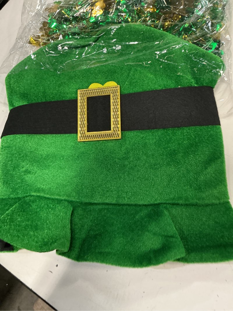 Condition photo showing Good Condition for 12 ft st patrick's day skeleton costume accessories set green irish hat with shamrock banner tinsel garland st. patrick's day 12 foot giant skeleton outfits for holiday party garden lawn outdoor decor