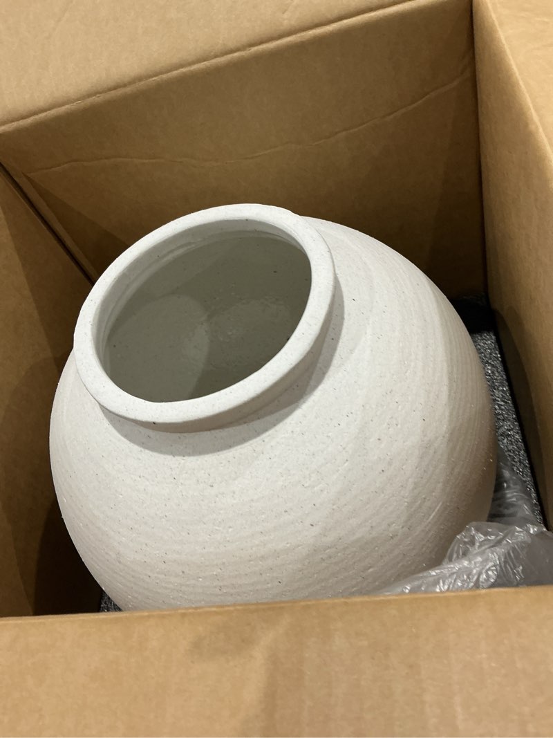 Condition photo showing Good Condition for white ceramic vase - large 12.5 inch round floor vase for centerpieces, farmhouse flower vases, rustic minimalist home decor (sandstone white) sandstone white 12.5 inch