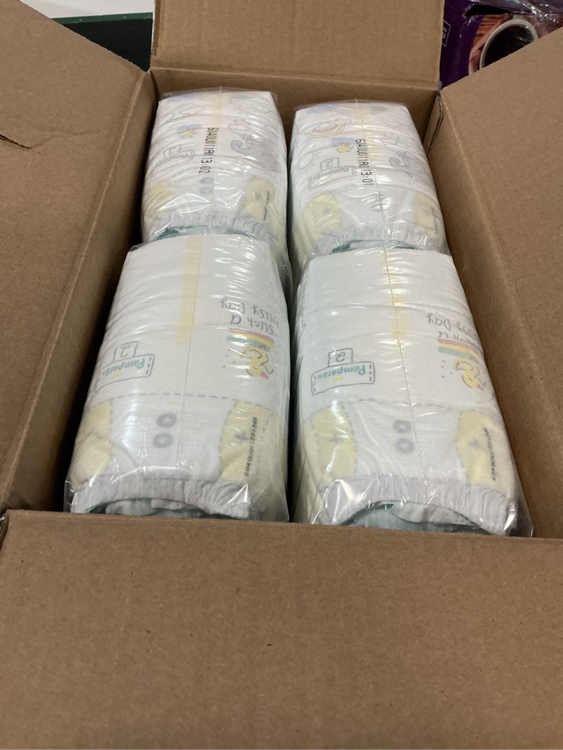 Condition photo showing New/Like New for pampers swaddlers diapers, size 2 (10-22 lbs), 148 count, absorbent, keeps baby dry and comfortable, skin safe disposable baby diaper size 2 148